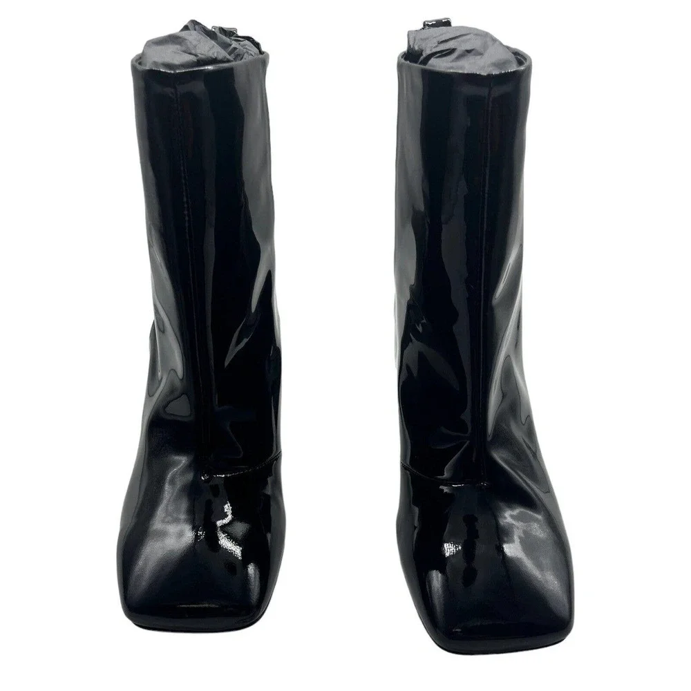 NWT Good American Black Patent Leather Shiny Block Heel Ankle Booties Size 7.5 - Picture 4 of 10